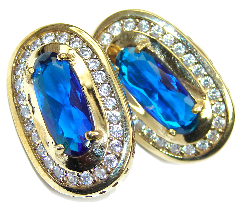 Created Blue Sapphire & White Topaz Golden tone Sterling Silver earrings