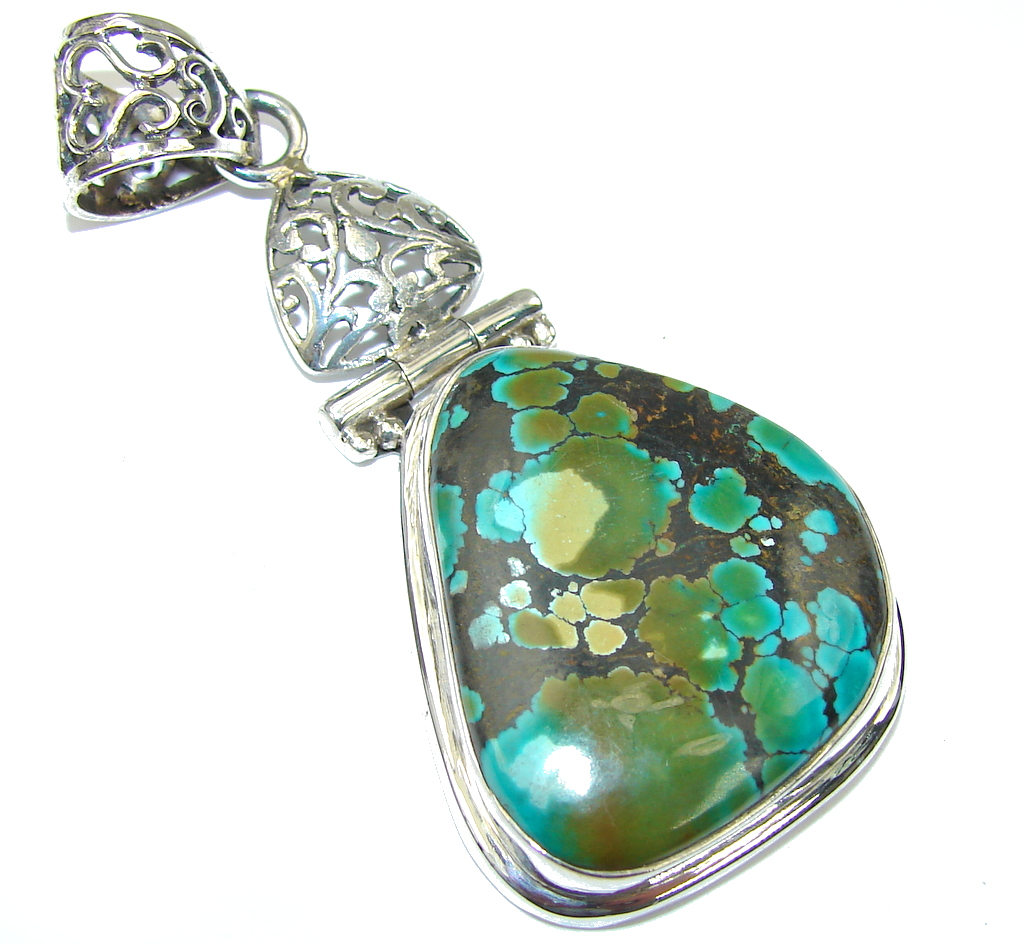 Big! Secret Black Spider Web Blue Turquoise Sterling Silver Pendant