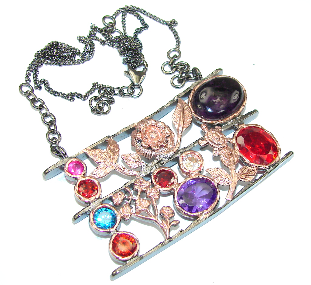 Exclusive Design! Black Onyx & Multicolor Quartz, Rose Gold Plated, Rhodium Plated Sterling Silver necklace