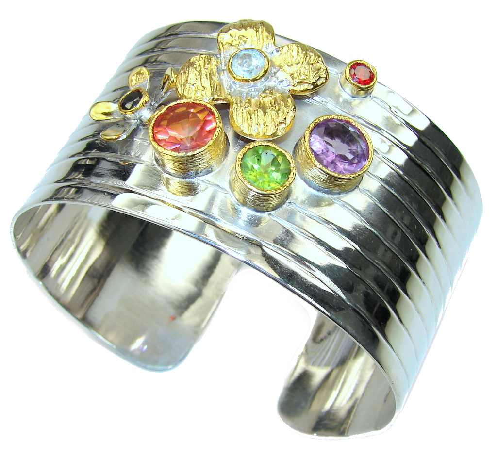 Aura Of Beauty! Multicolor Quartz,Two Tones Sterling Silver Bracelet / Cuff