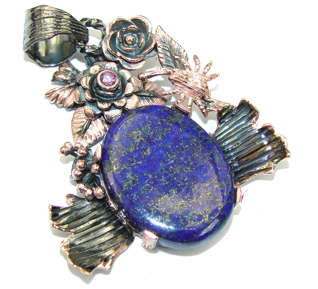 Beautiful AAA Blue Lapis Lazuli & Amethyst, Rose Gold Plated, Rhodium Plated Sterling Silver Pendant