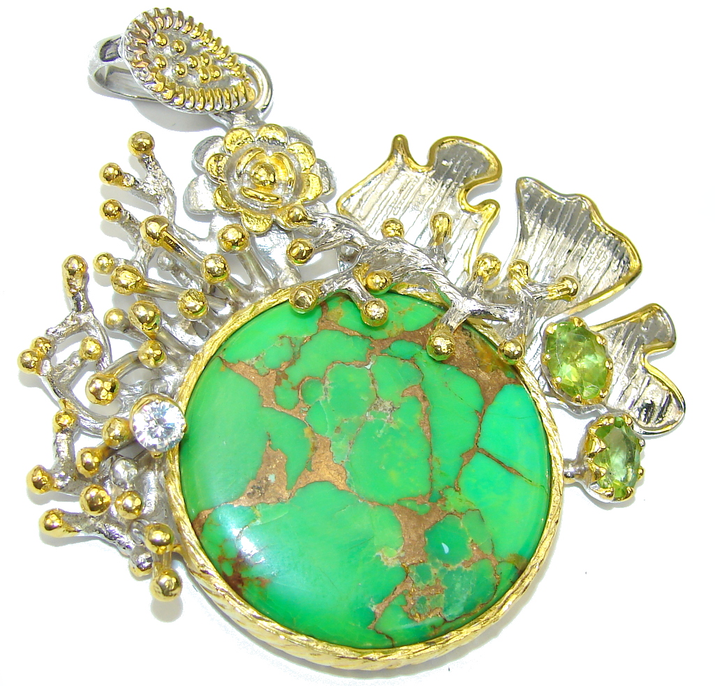 Big! Coral Reef Copper Green Turquoise, Two Tones Sterling Silver Pendant