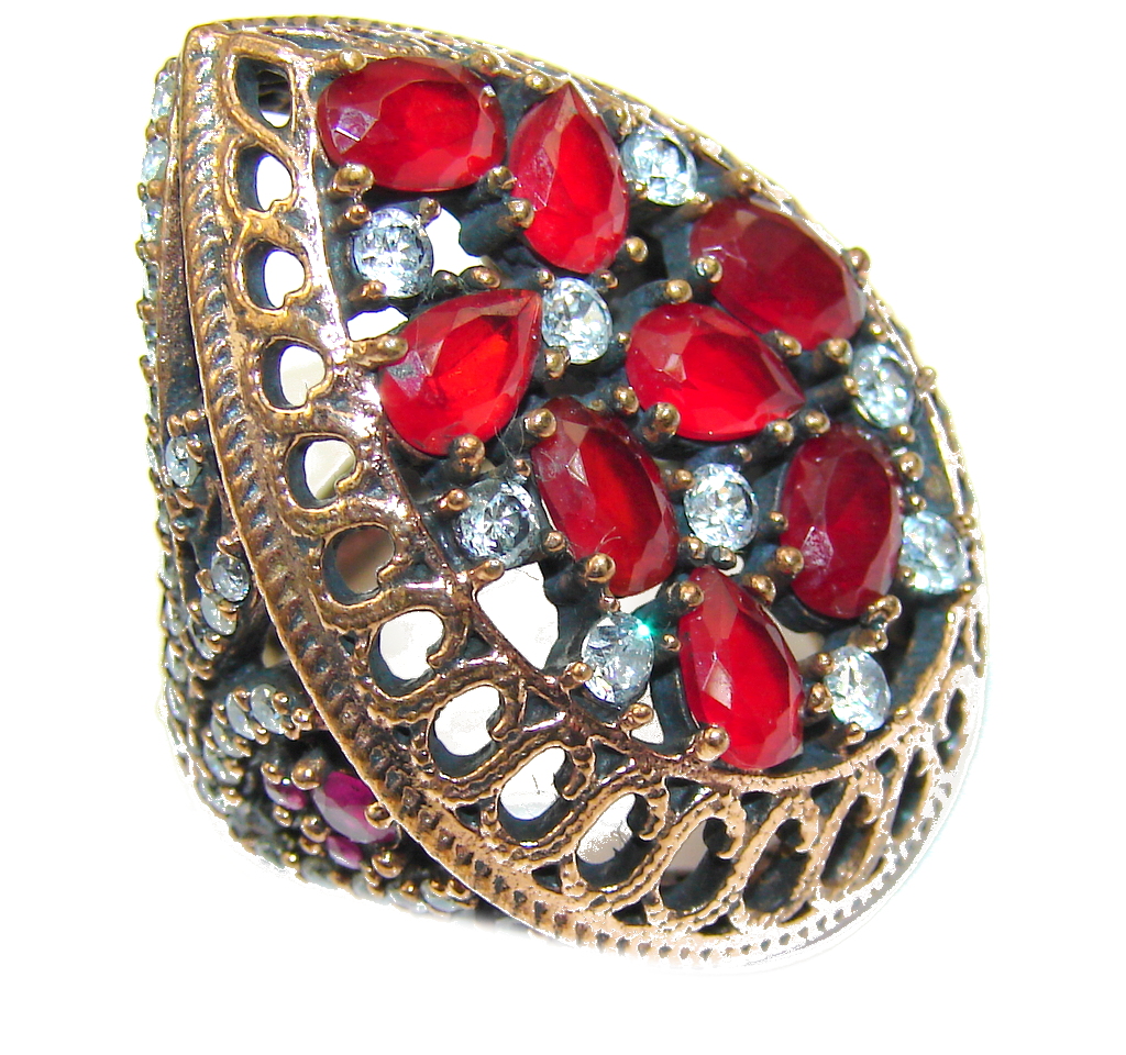 Victorian Style! Red Ruby & White Topaz Sterling Silver Ring s. 7