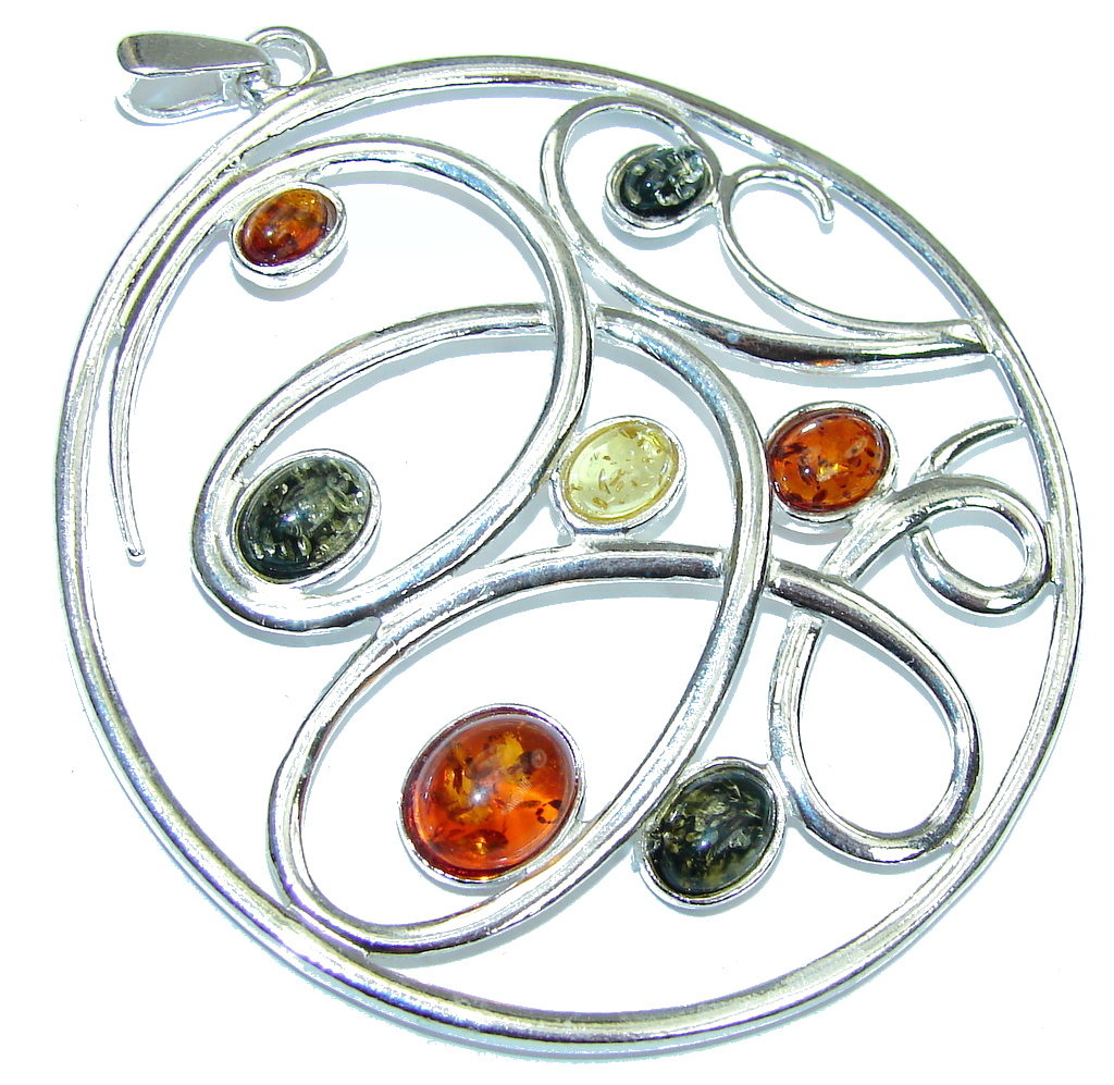 Big! Multicolor Baltic Polish Amber Sterling Silver Pendant