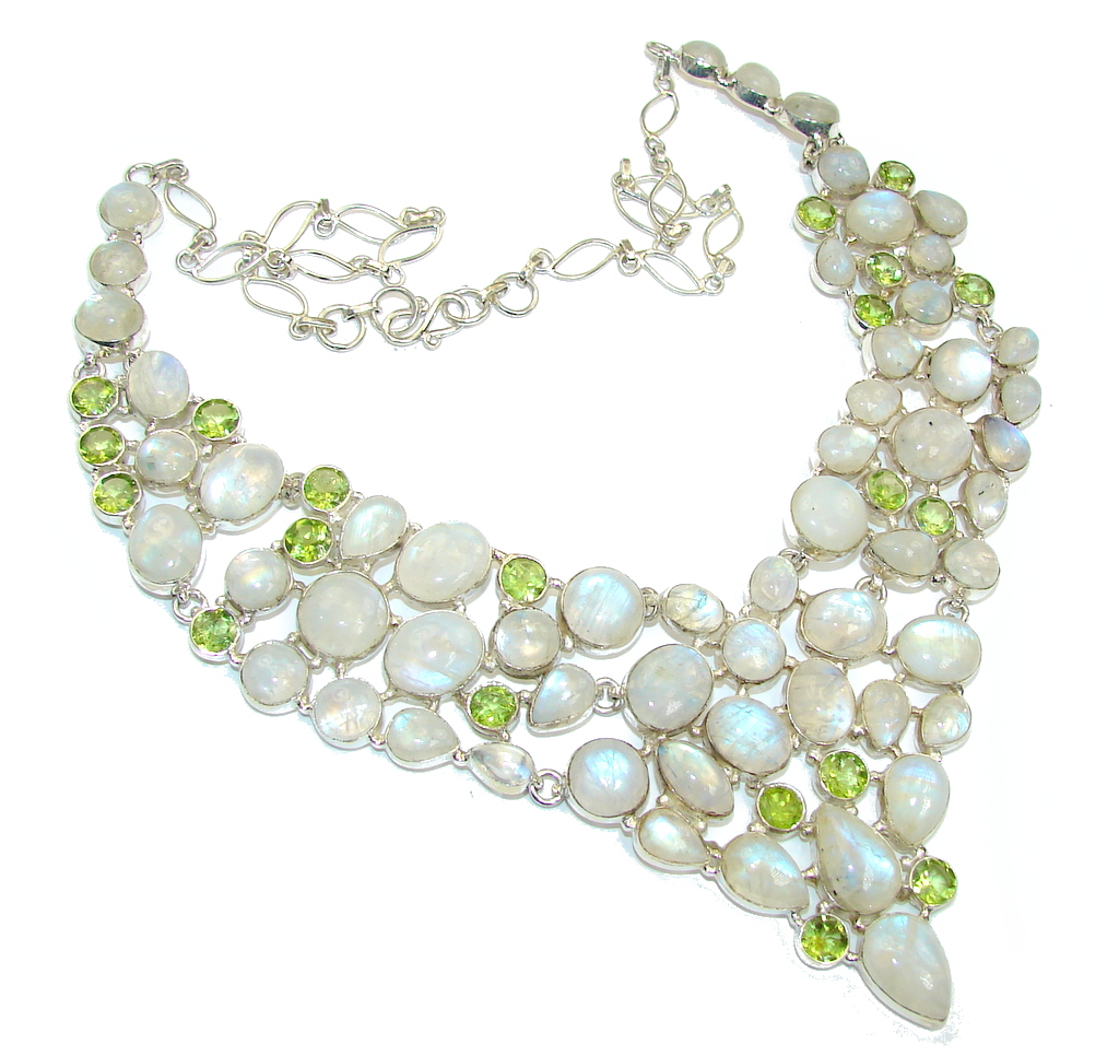 Chunky Snow Queen White Fire Moonstone & Peridot Sterling Silver necklace