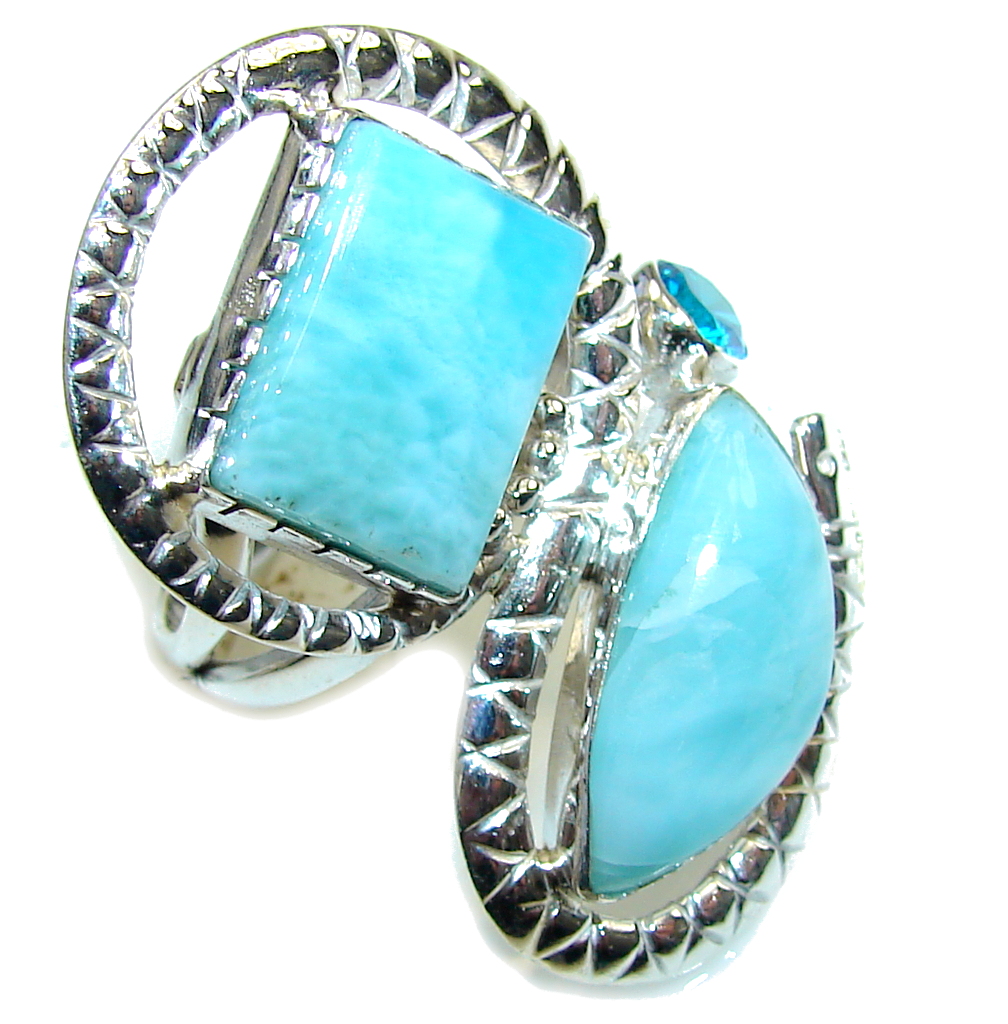 Amazing! AAA Blue Larimar & London Blue Topaz Sterling Silver Ring s. 9 1/2