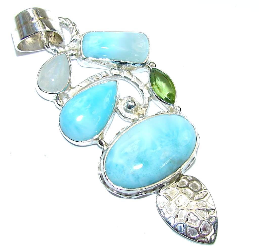 Exotic Style! AAA Blue Larimar & Peridot & Moonstone Sterling Silver Pendant