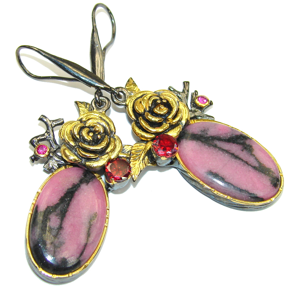 Beautiful! AAA Pink Rhodonite & Garnet, Gold Plated, Rhodium Plated Sterling Silver earrings / Long