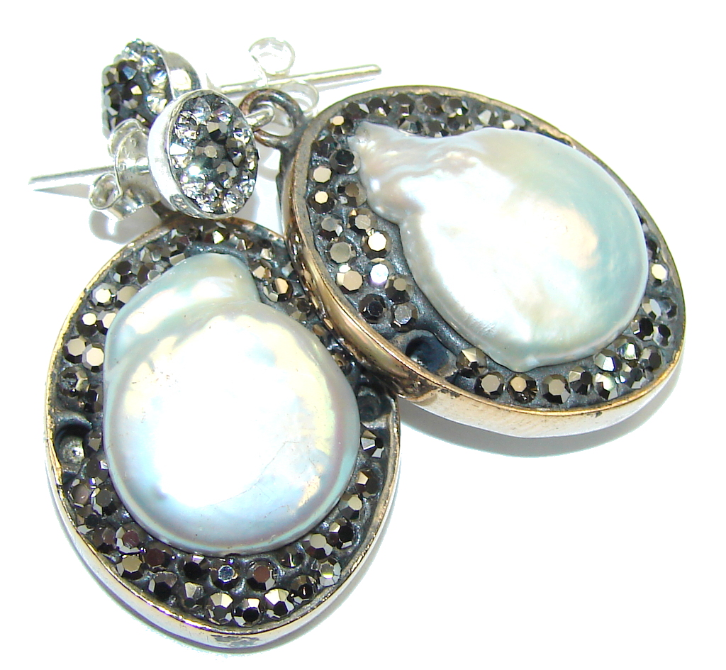 Classic Design! Mother Of Pearl & White Topaz & Marcasite Sterling Silver earrings
