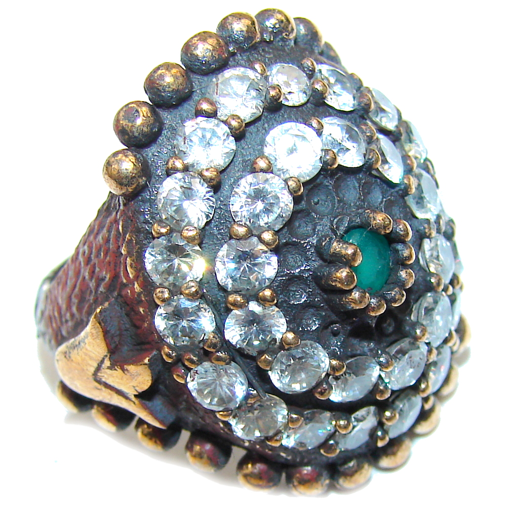 Victorian Style! Emerald & White Topaz Sterling Silver Ring s. 6