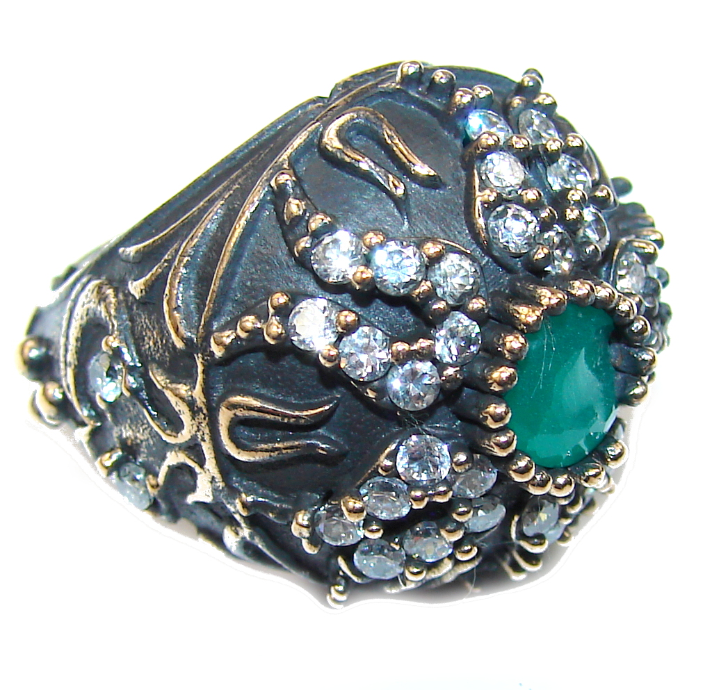 Vintage Style! Emerald & White Topaz Sterling Silver Ring s. 6 1/4