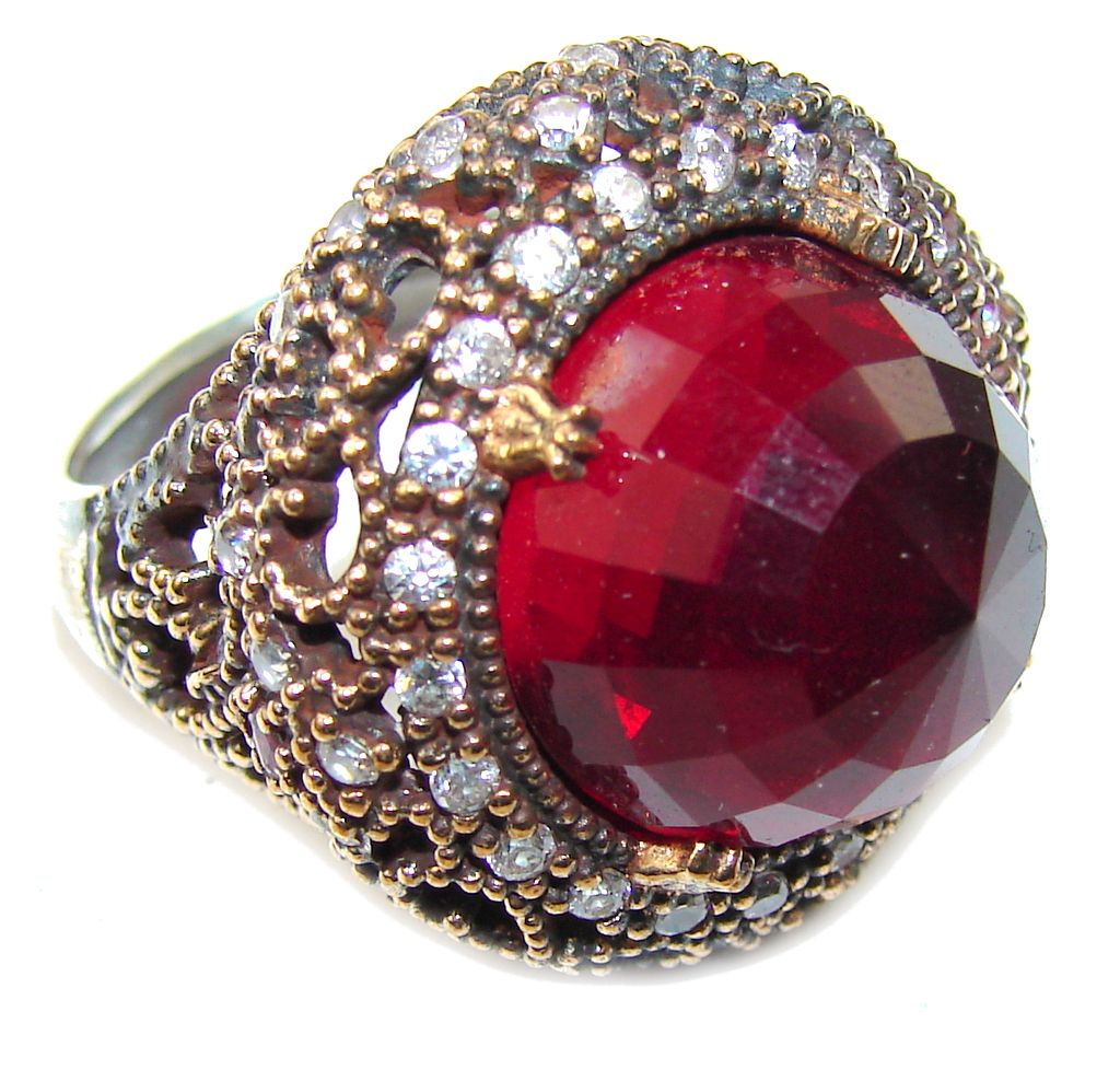 Victorian Style! Garnet Quartz & White Topaz Sterling Silver Ring s. 8