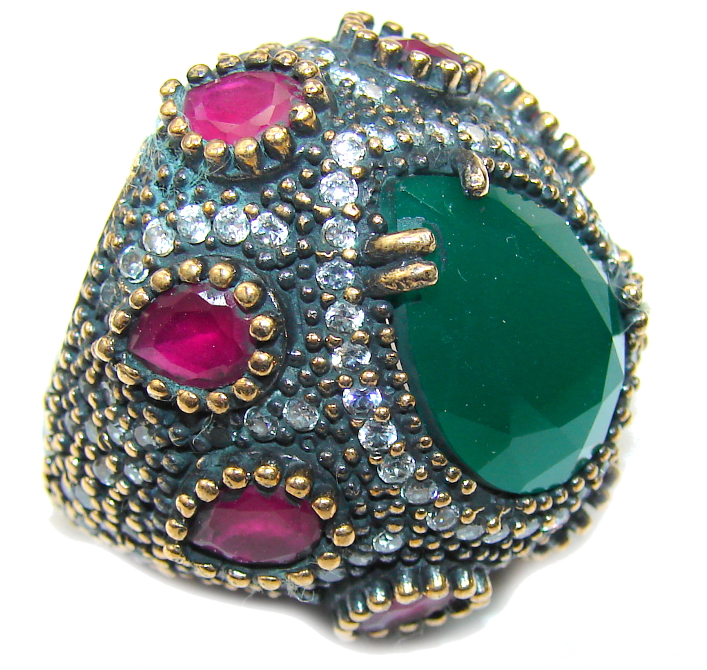 Victorian Style created Emerald & Ruby & White Topaz Sterling Silver Ring s. 7 1/4