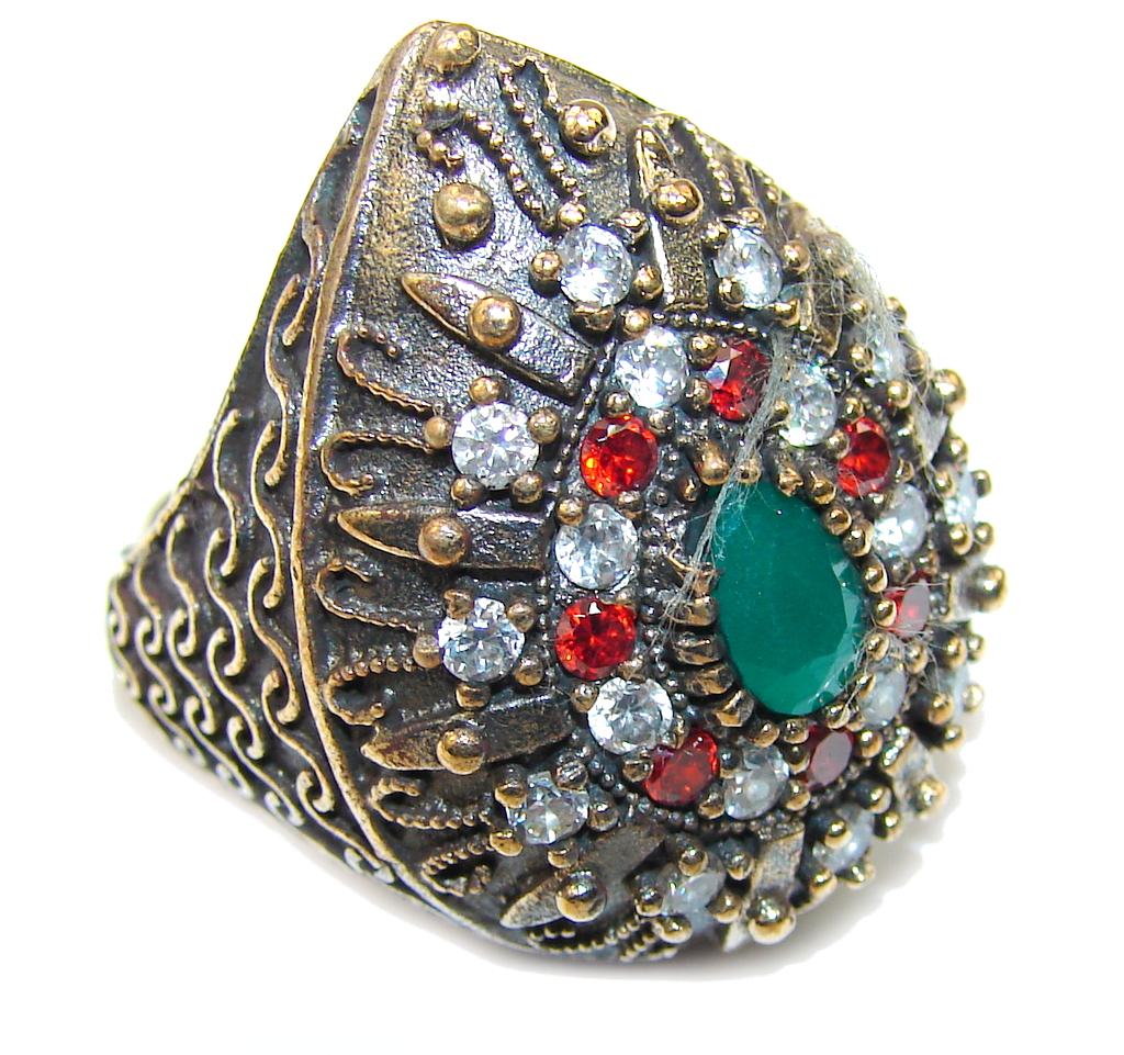 Victorian Style! Emerald & Garnet Quartz & White Topaz Sterling Silver Ring s. 7 1/4