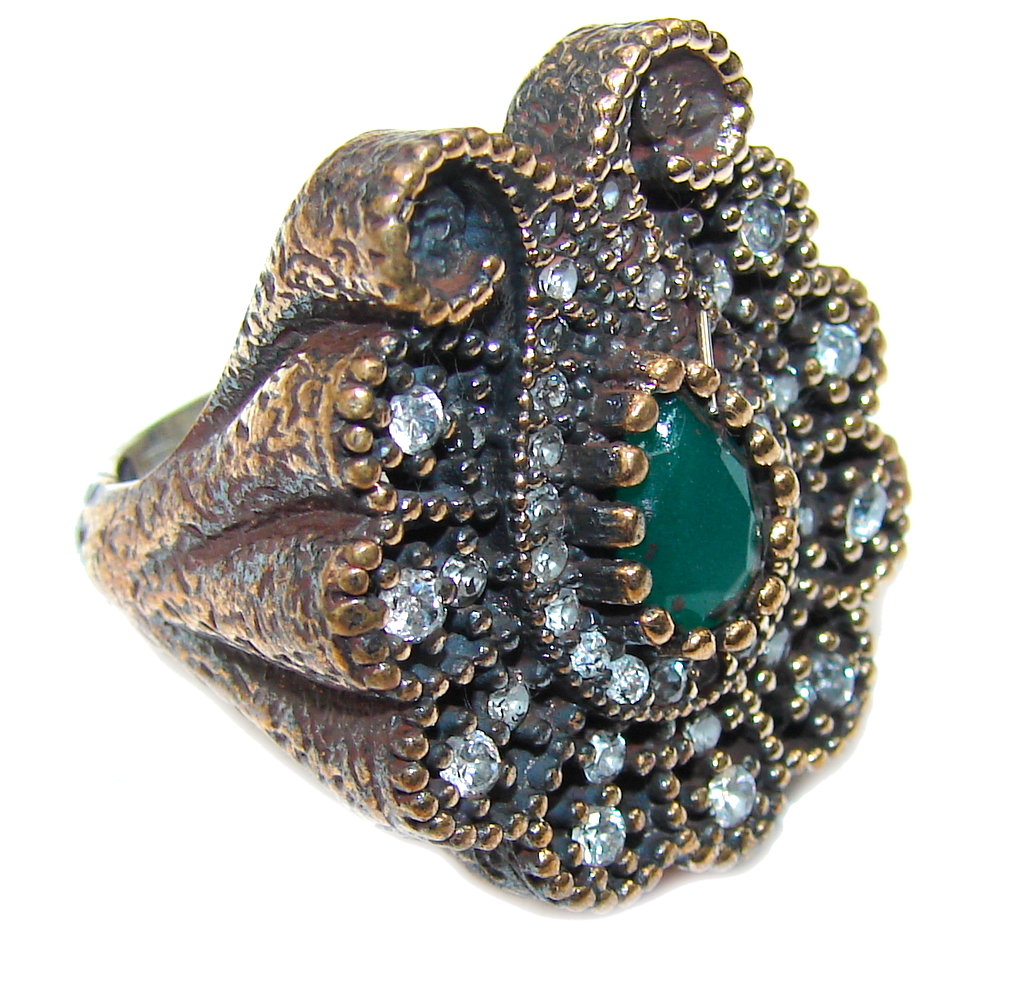 Victorian Style! Emerald & White Topaz Sterling Silver Ring s. 6 1/4