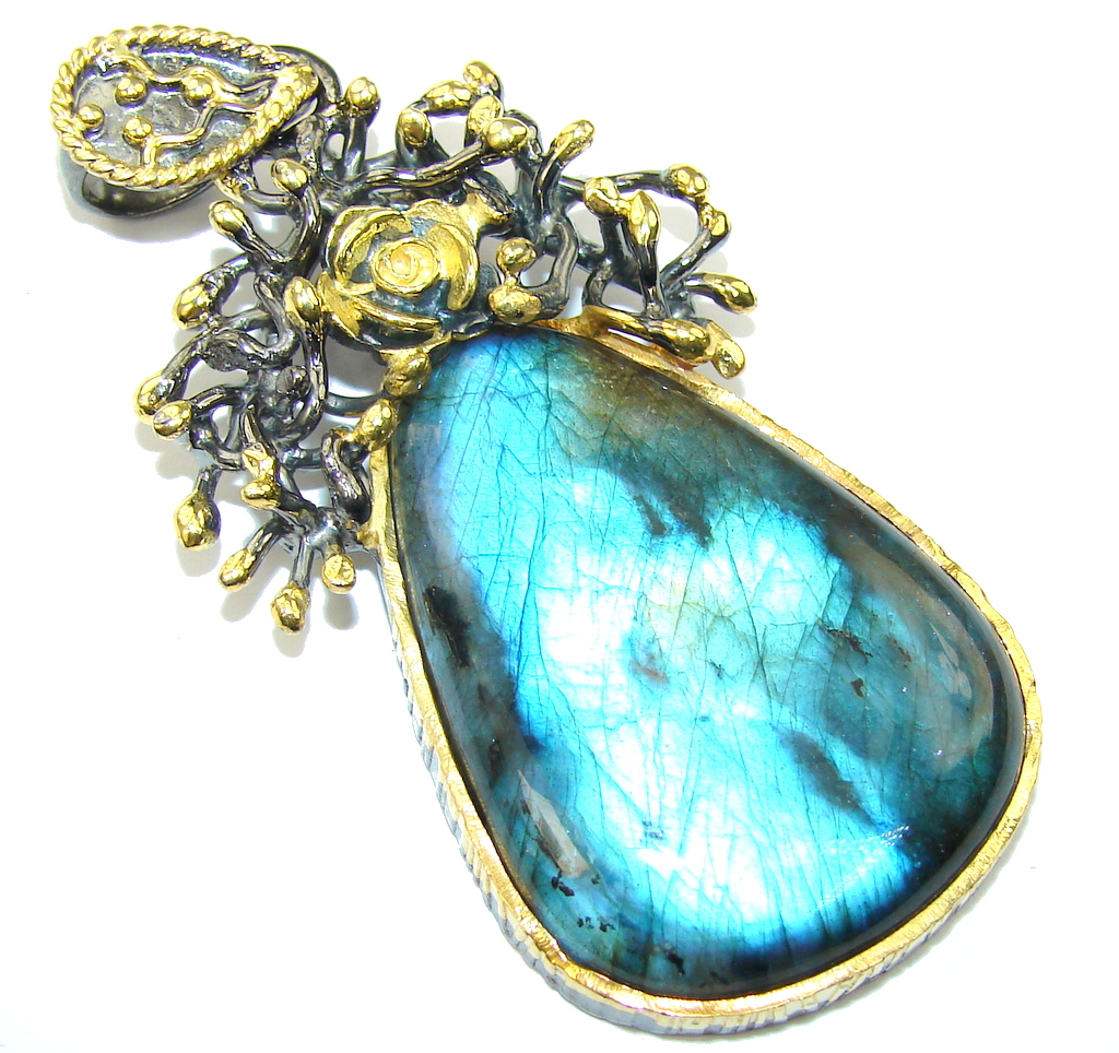 Exclusive AAA Blue Labradorite Rhodium Plated Gold Plated Sterling Silver Pendant