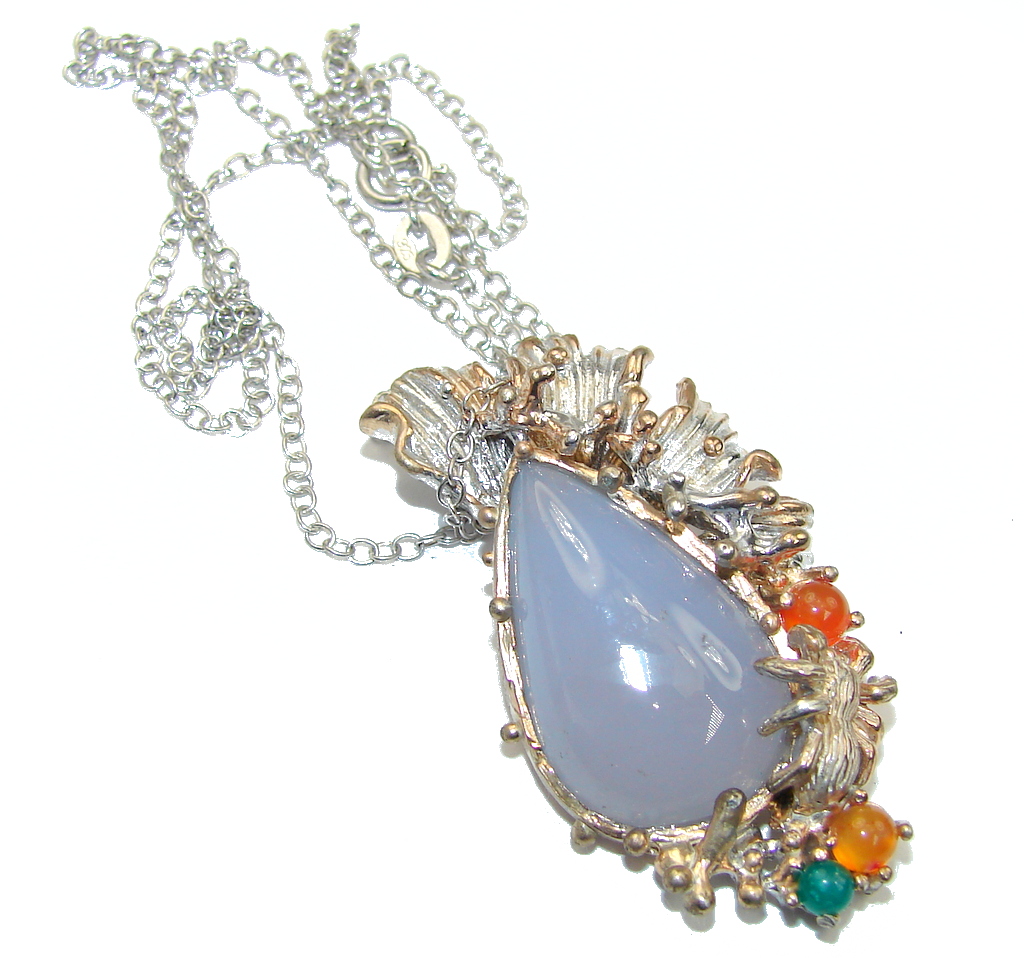 Mystic Sky! Blue Aquamarine , Two Tones Sterling Silver necklace