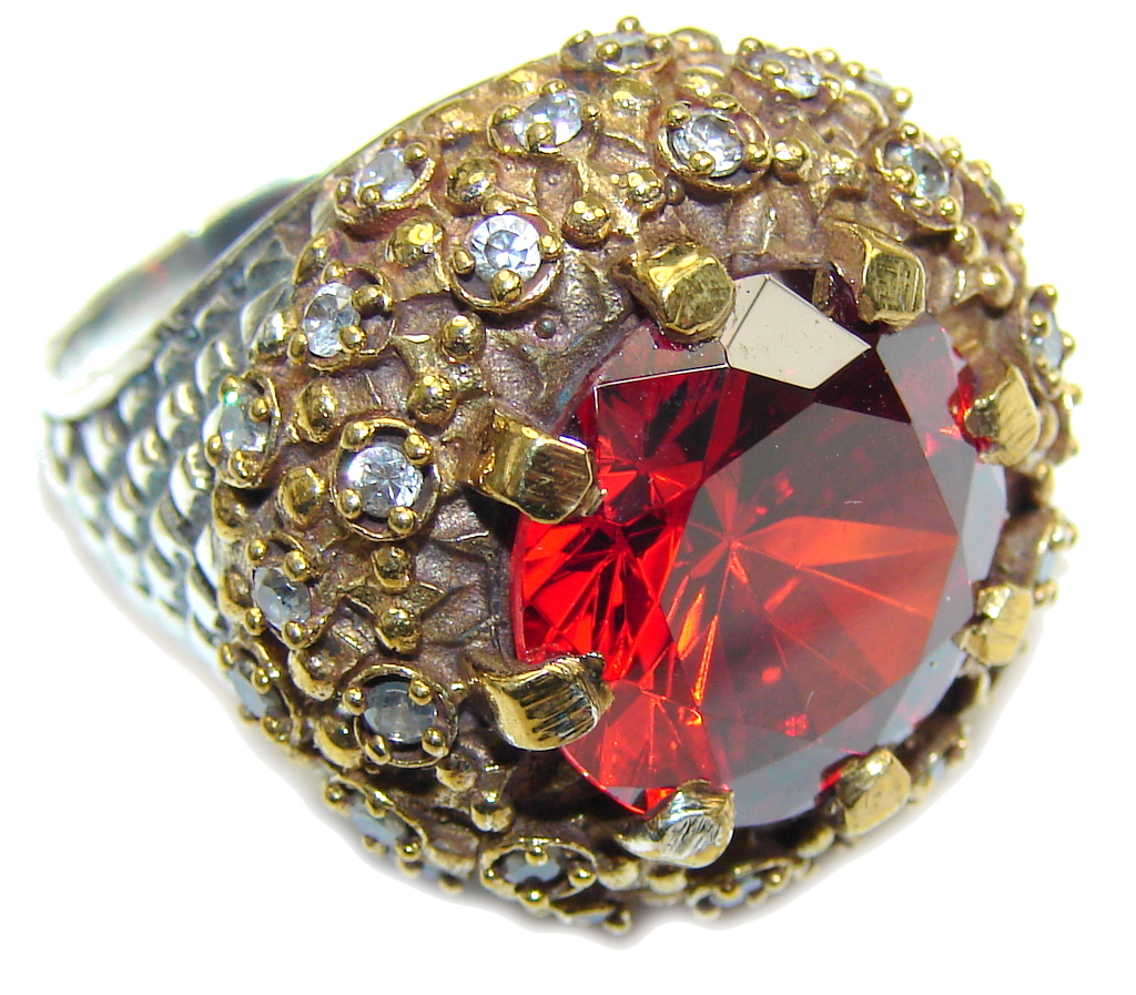 Deep Love! Red Garnet Quartz, White Topaz Sterling Silver Ring s. 8
