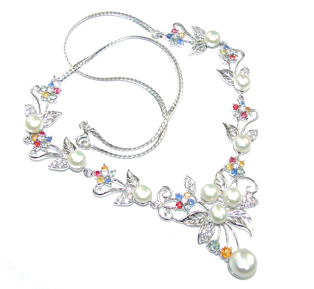 Love Attraction! Fresh Water Pearl & Multicolor Sapphire Sterling Silver necklace
