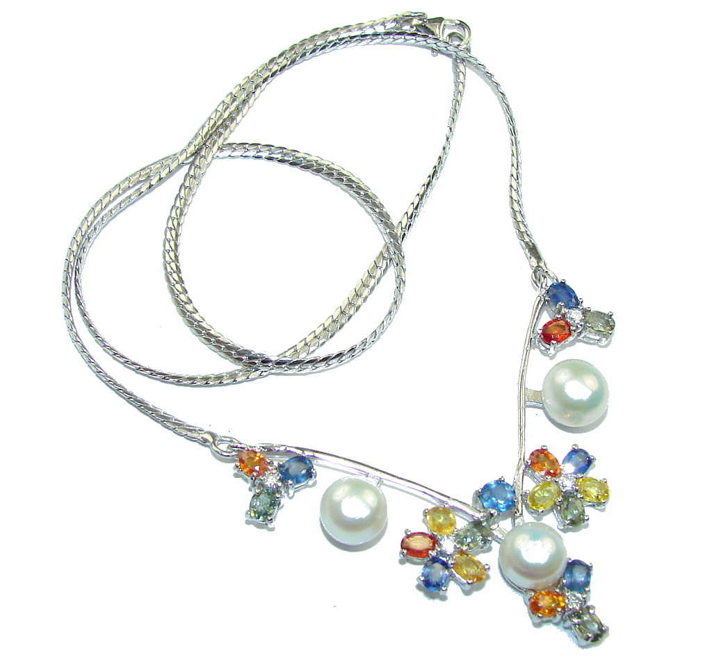 Natural White Pearl & Multicolor Sapphire Sterling Silver necklace