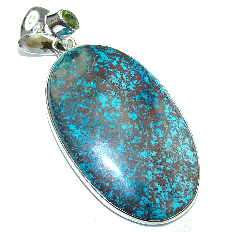 Excellent Blue Azurite & Peridot Sterling Silver Pendant