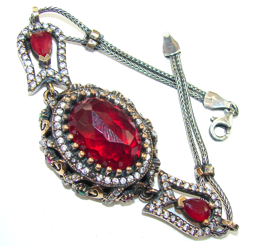 Victorian Style! Ruby Quartz & White Topaz Sterling Silver Bracelet