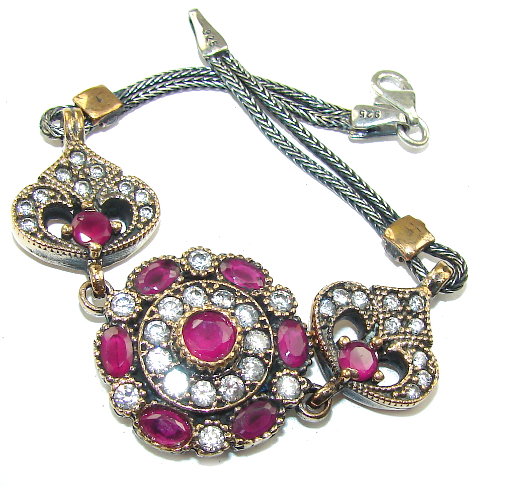 Victorian Style! Pink Ruby & White Topaz Sterling Silver Bracelet