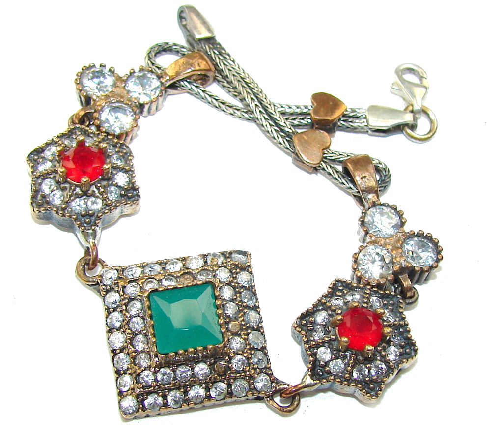 Victorian Style! Green Emerald & Ruby & White Topaz Sterling Silver Bracelet