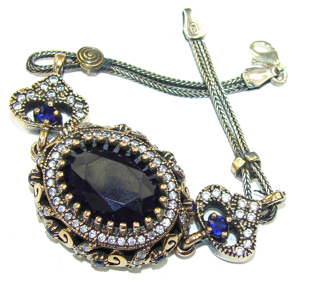 Victorian Style! Blue Sapphire Quartz & White Topaz Sterling Silver Bracelet