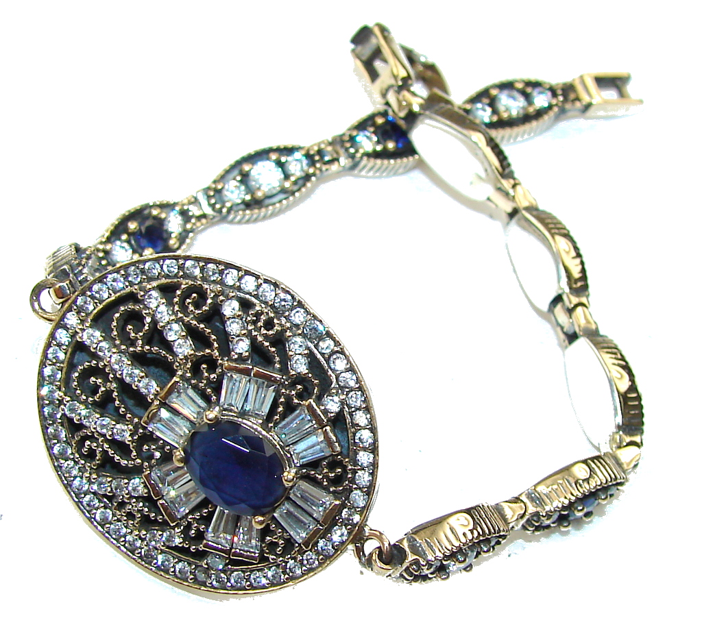 Victorian Style! Blue Sapphire & White Topaz Sterling Silver Bracelet