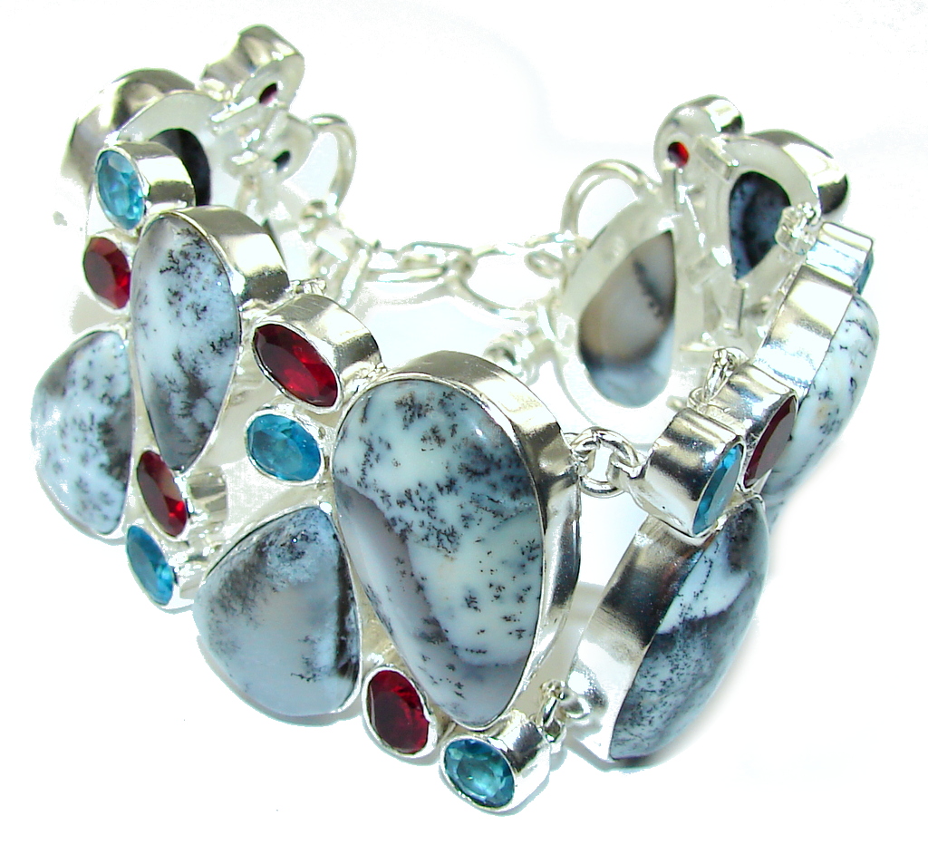 Snow Falling! White Dendritic Agate & Swiss Blue Topaz & Garnet Sterling Silver Bracelet