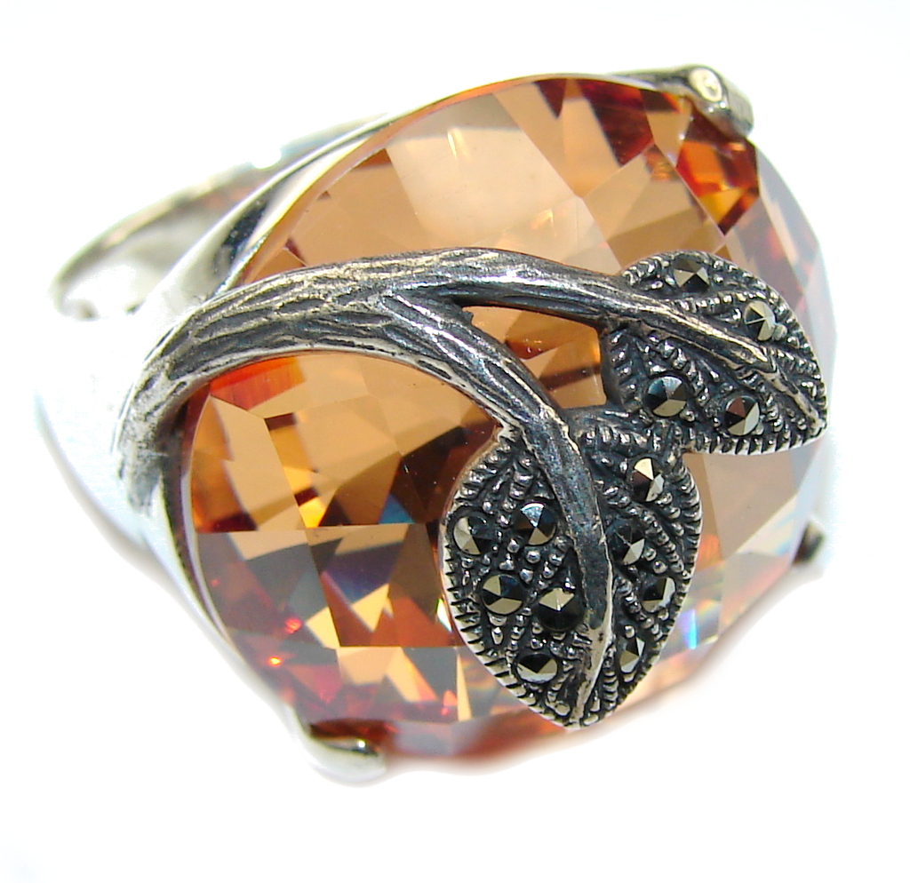 Amazing AAA Golden Topaz Quartz & Marcasite Sterling Silver ring s. 7 1/2