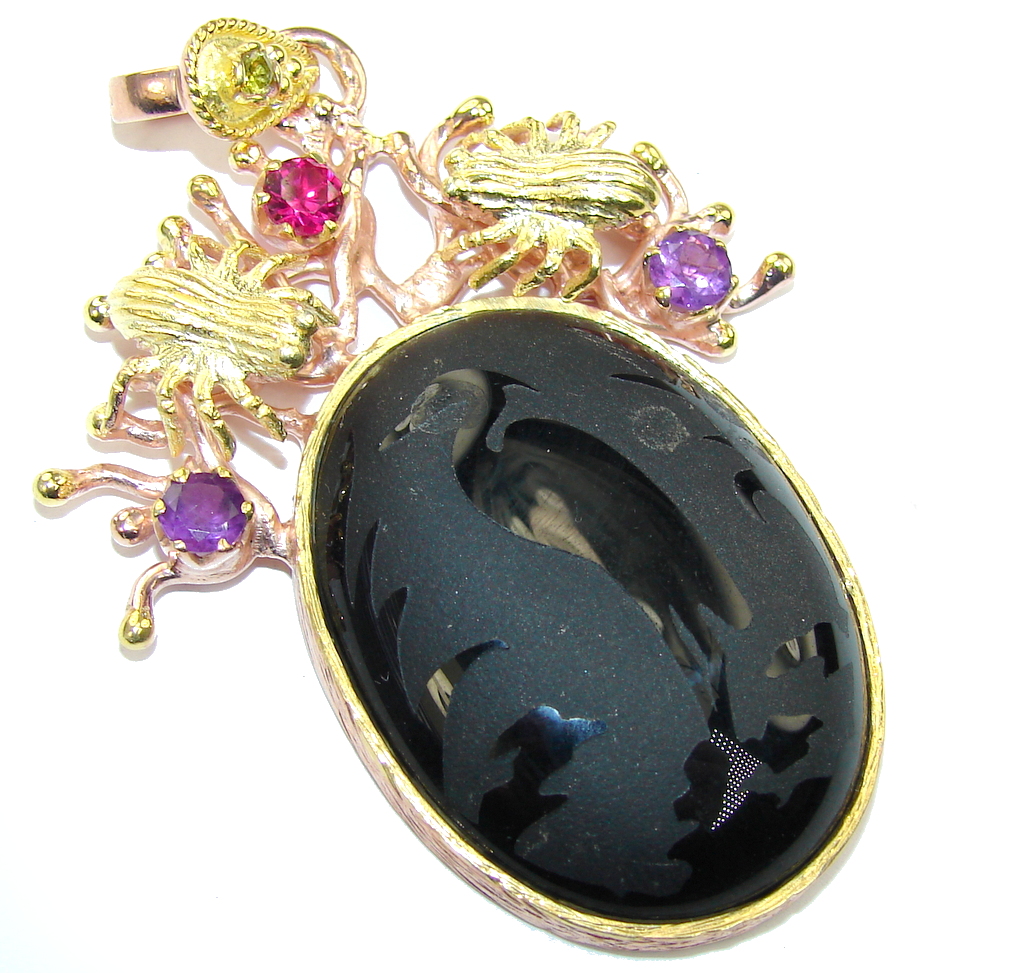 Big! Fashion Design Black Onyx, Rose & Gold Plated Sterling Silver Pendant
