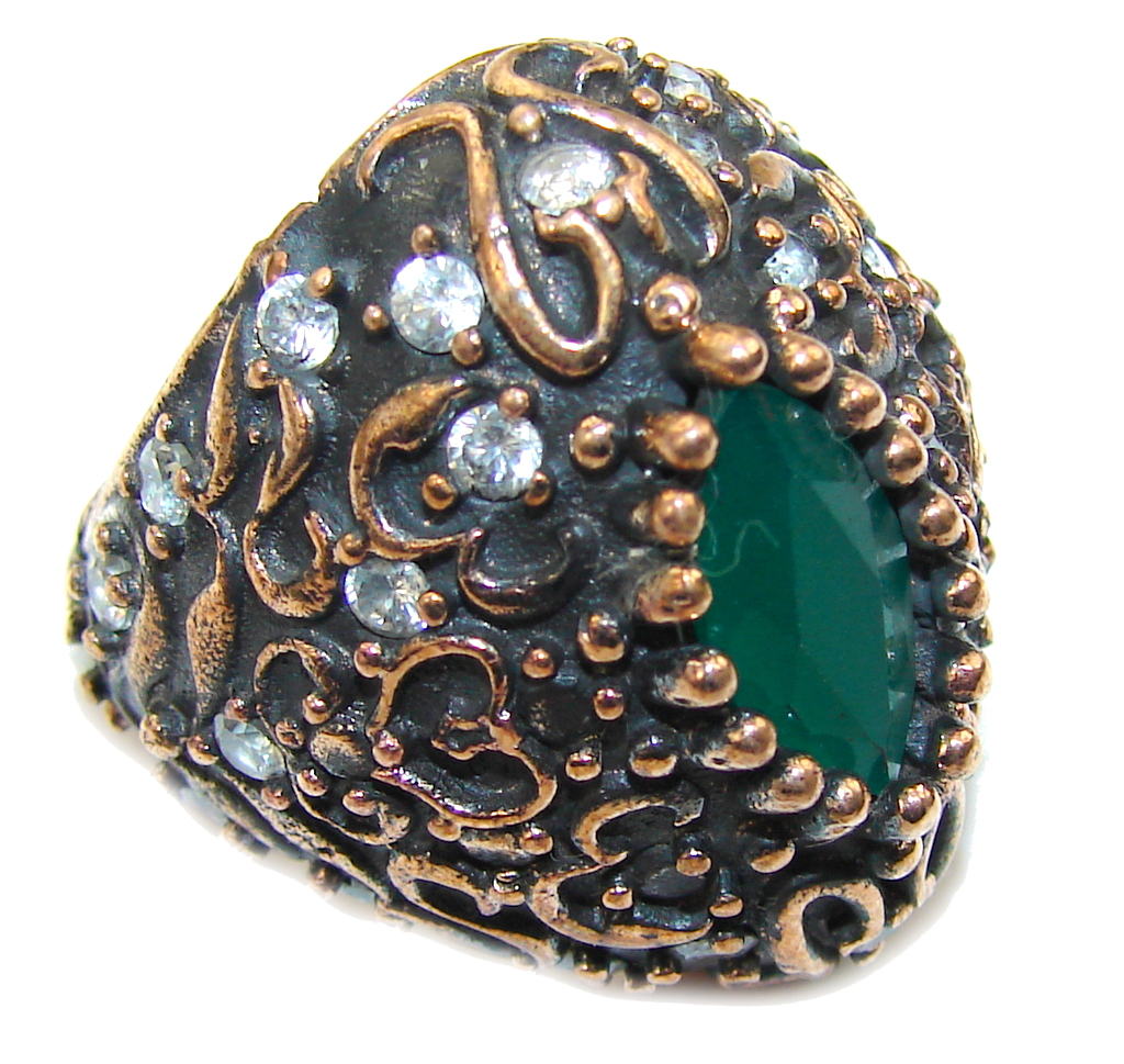Victorian Style! Emerald & White Topaz Sterling Silver Ring s. 6 1/2
