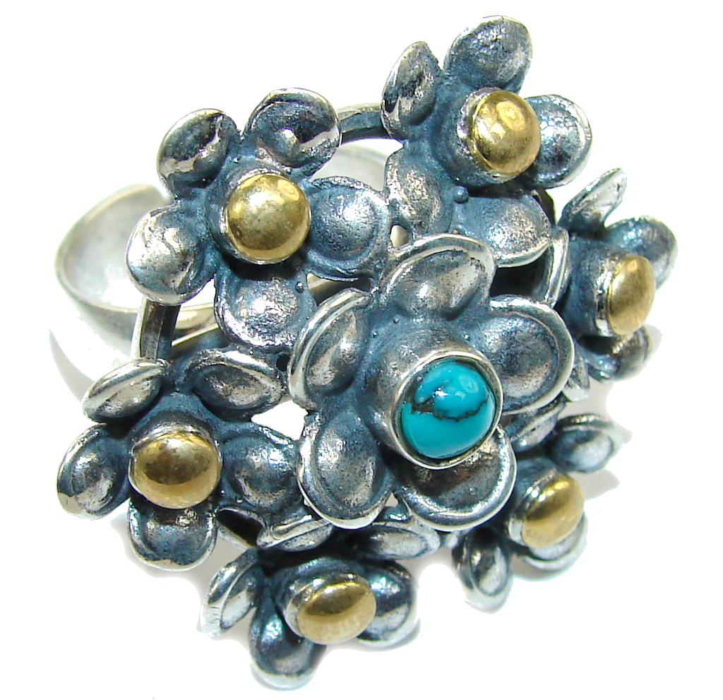 Big! Floral Design! Blue Turquoise , Copper Sterling Silver Ring s. 8- adjustable