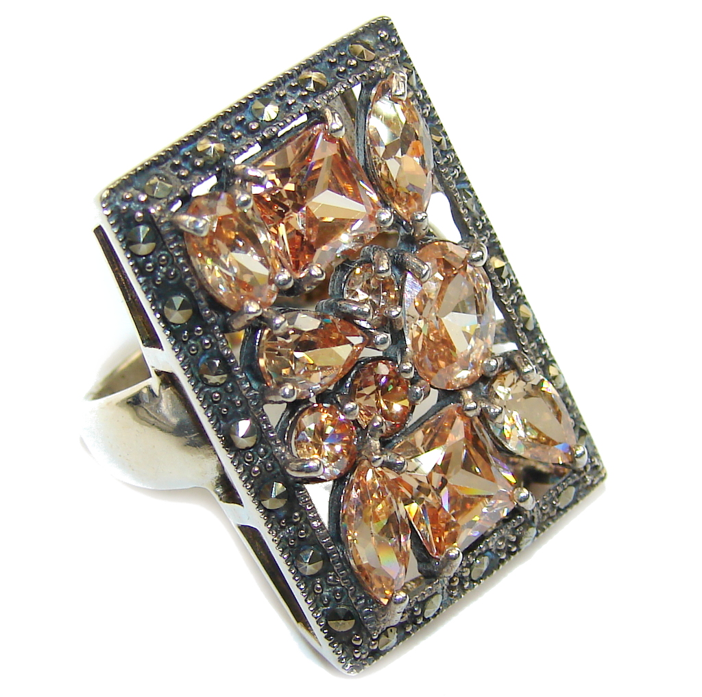 Amazing AAA Golden Topaz Quartz & Marcasite Sterling Silver ring s. 6