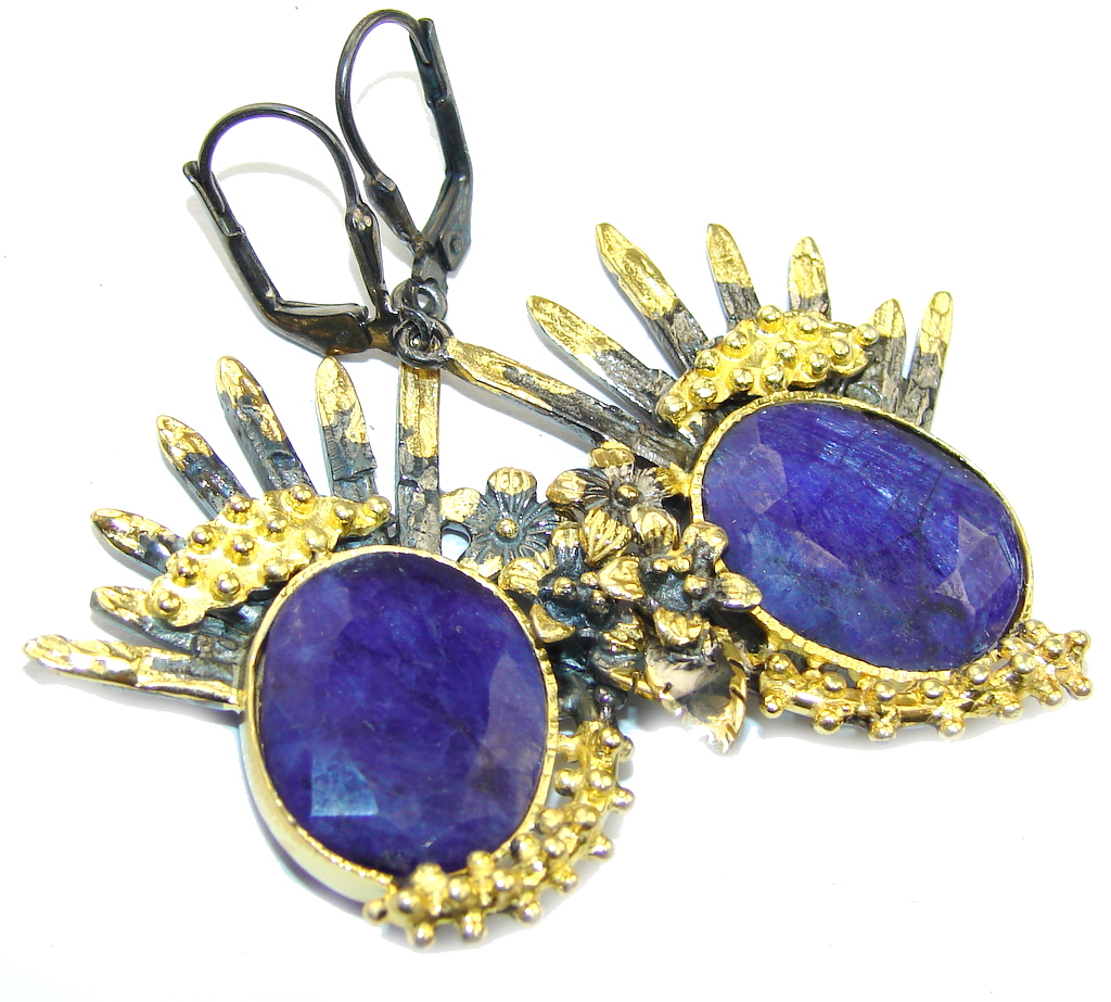 Stunning Natural Blue Sapphire, Gold Plated, Rhodium Plated Sterling Silver earrings