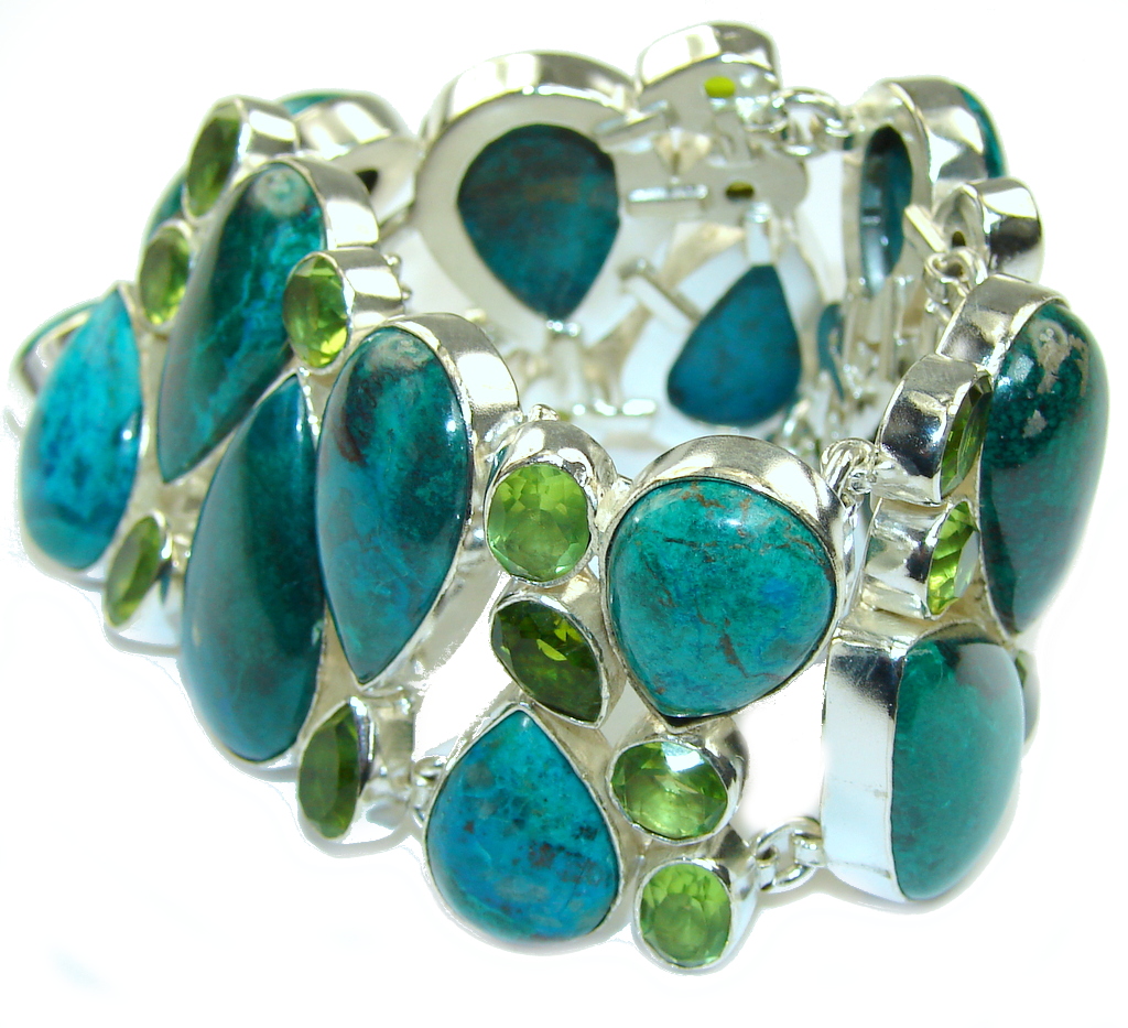 Gift of Nature Parotts Wing Chrysocolla & Created Peridot Sterling Silver Bracelet