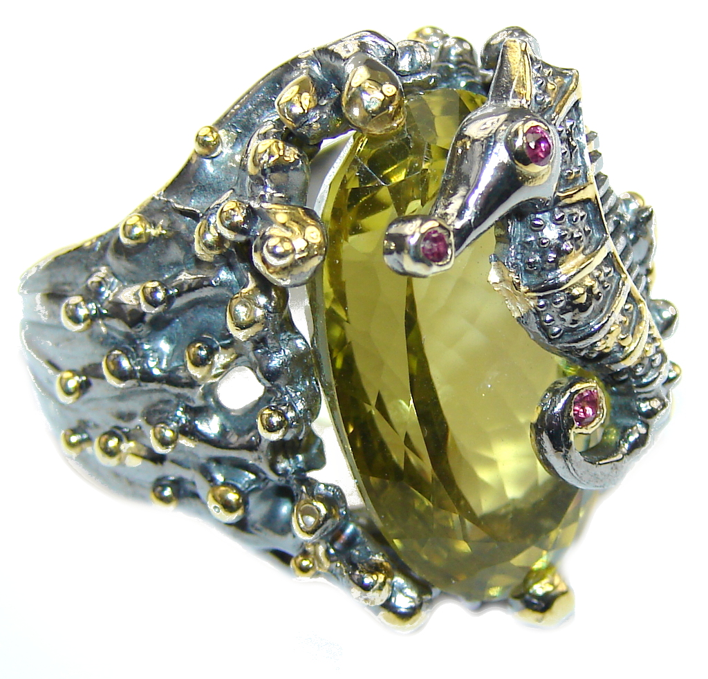Secret Seahorse AAA Citrine, Gold Plated, Rhodium Plated Sterling Silver Ring s. 9 1/2