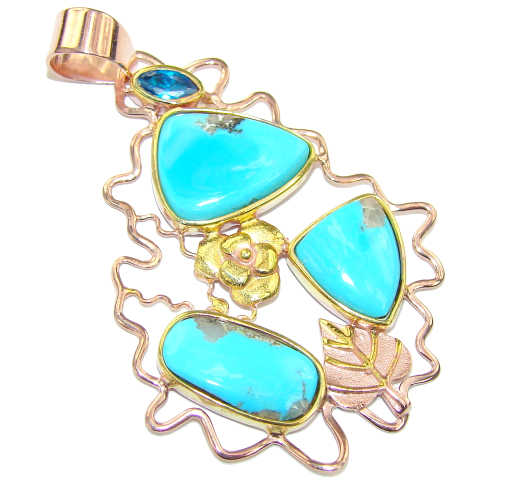 Sleeping Beauty AAA Blue Turquoise Rose Gold Plated Sterling Silver Pendant