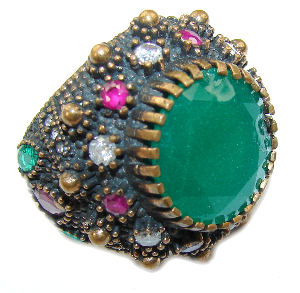 Victorian Style! Emerald & Ruby & White Topaz Sterling Silver Ring s. 9
