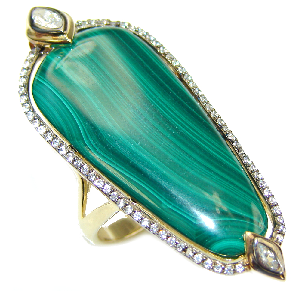Beautiful AAA Green Malachite & White Topaz, Gold PLated Sterling Silver ring s. 6 1/2