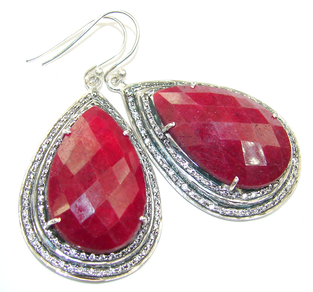 Large! Stunning Red Ruby & White Topaz Sterling Silver earrings