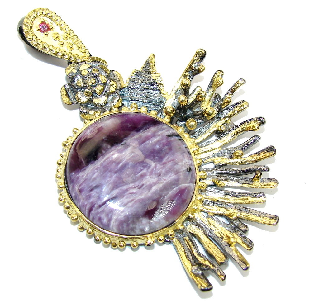 Big! Genuine AAA Purple Siberian Charoite, Gold Plated, Rhodium Plated Sterling Silver Pendant
