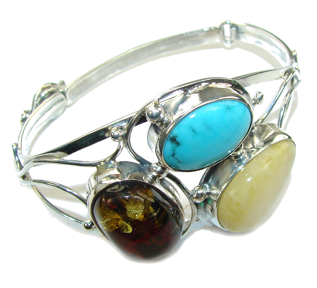 Stylish Beauty! AAA Baltic Polish Amber & Turquoise Sterling Silver Bracelet