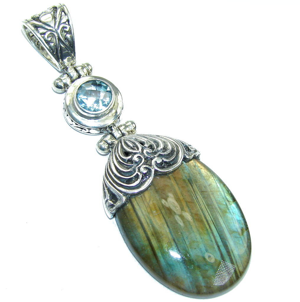 Big! Bali Secret! AAA Blue Labradorite & Swiss Blue Topaz Sterling Silver Pendant