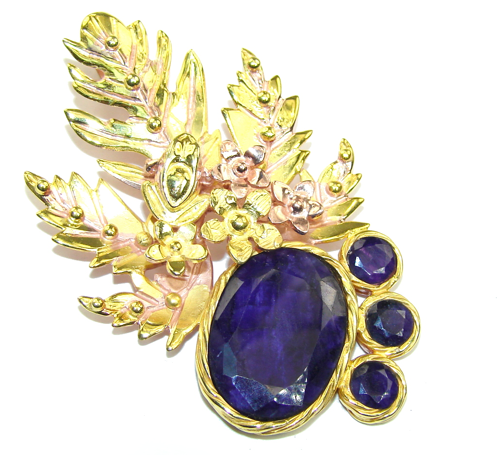 Big! AAA Natural Blue Sapphire, Rose & Gold Plated Sterling Silver Pendant