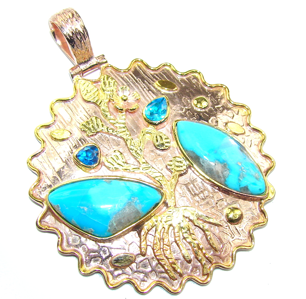 Sleeping Beauty Blue Turquoise & London Blue Topaz, Two Tones Sterling Silver Pendant