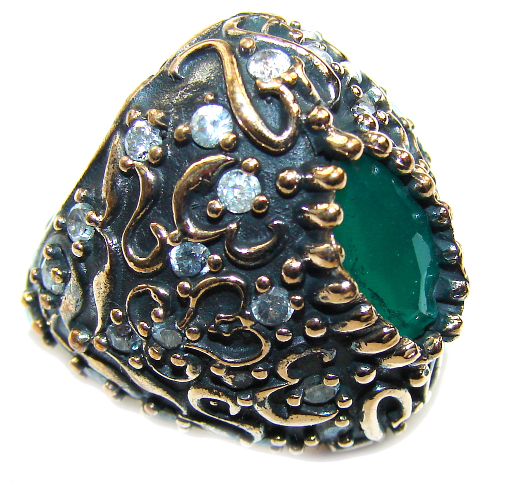 Victorian Style! Emerald & White Topaz Sterling Silver Ring s. 6