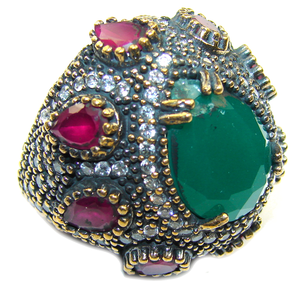 Big! Victorian Style! Ruby & Emerald & White Topaz Sterling Silver Ring s. 7 1/2